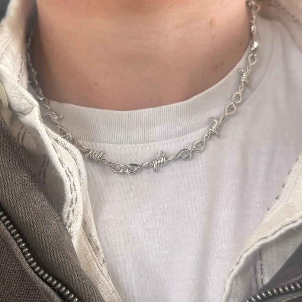 Y2K Grey and Silver Barbed Wire Chain Necklace